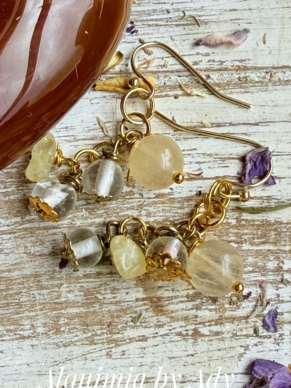 Citrine Gold with Pale Yellow and Clear Beaded Dangle Earrings